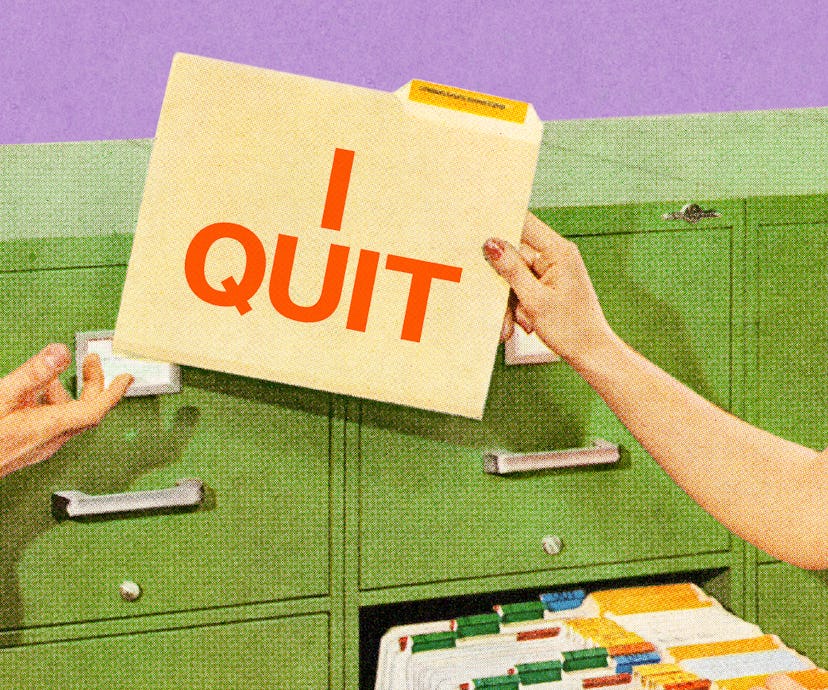 Folder with "I QUIT" message in front of of full drawers of folders