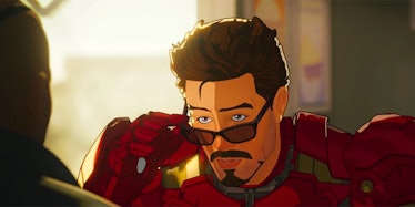 Tony Stark in Episode 3 of What If...? lowering his sunglasses as he speaks