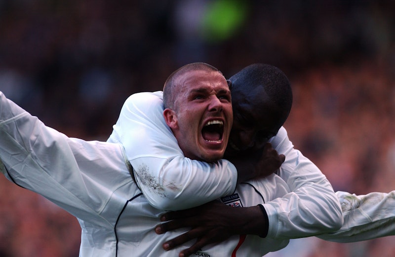 David Beckham celebrates scoring the 2nd England goal with Emile Heskey England v Greece World Cup Q...