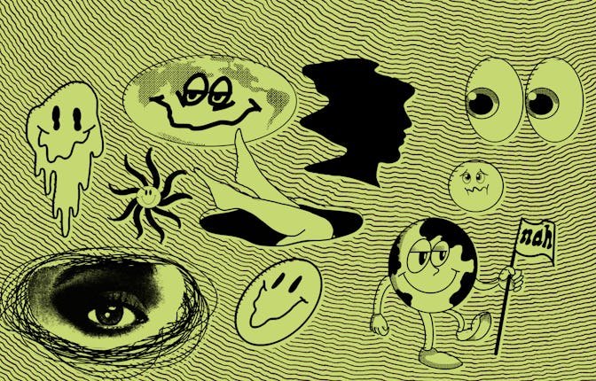 A set of various doodles and smiley faces in yellow and black