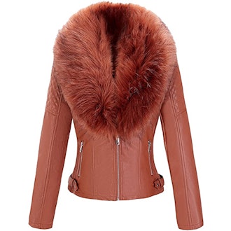 Bellivera Faux Leather Jacket With Faux Fur Collar