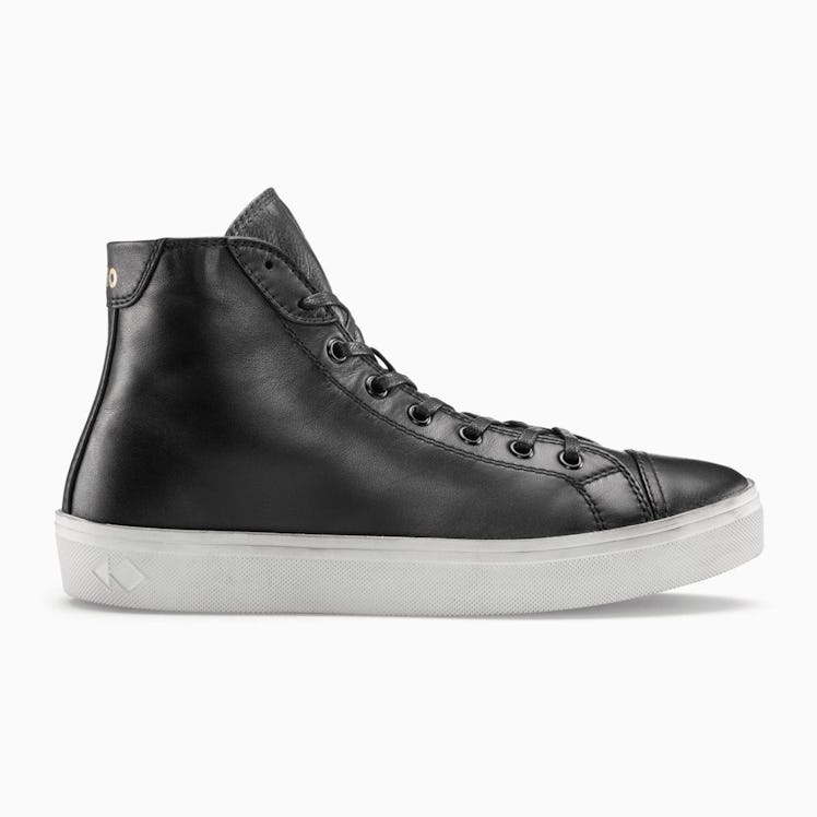black leather high-top sneakers white soles