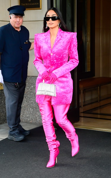 Kim Kardashian Wears Hot Pink Balenciaga Jacket and Boots in NYC