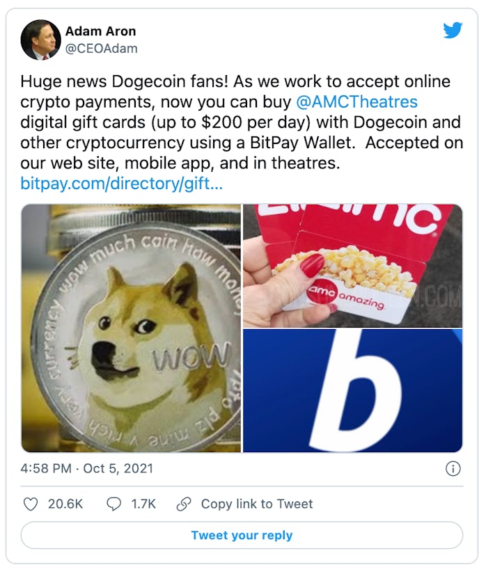 AMC Theaters will now let customers buy gift cards using Dogecoin and other cryptocurrencies.