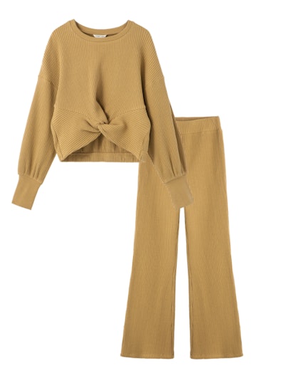 Image of a matching wheat-colored, knit crop-top and pants.