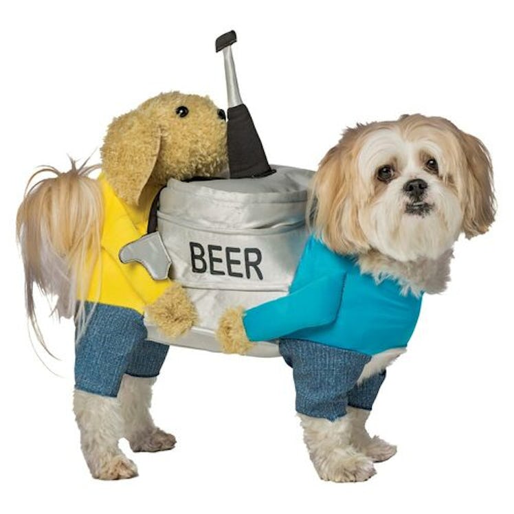 This Halloween Express 2021 pet costume looks like two dog carrying a keg of beer. 