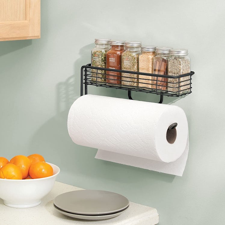 mDesign Wall Mount Metal Paper Towel Holder with Storage Shelf