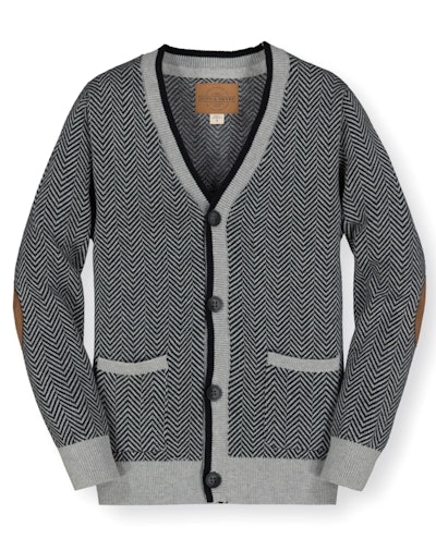 Image of a kid-size navy and gray button-front cardigan with elbow patches.