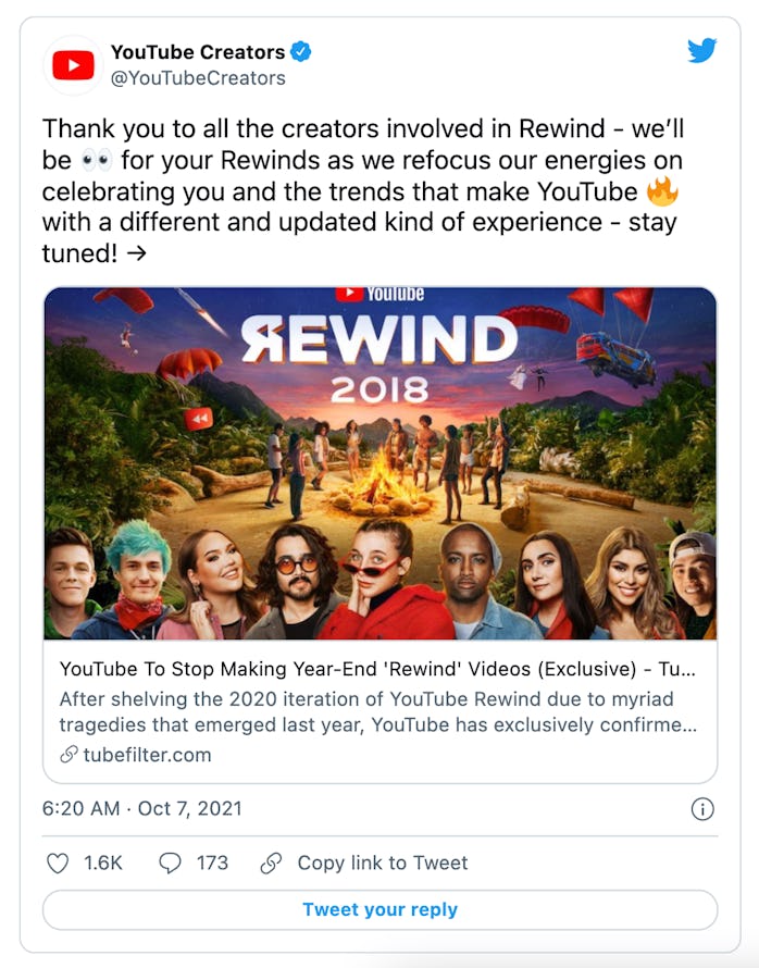 YouTube announced it has discontinued its Rewind annual round-up video.