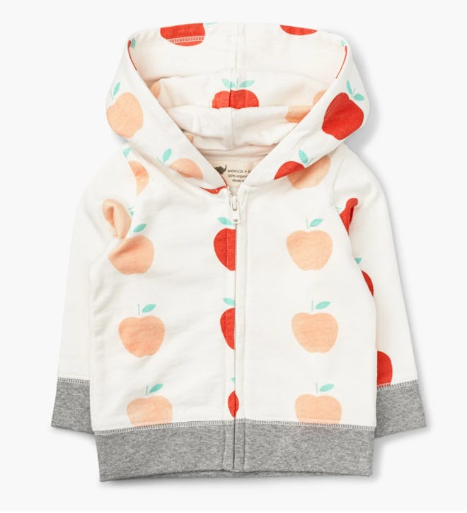 Image of a toddler-size hoodie sweatshirt with apple print. 