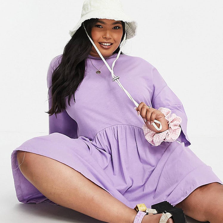 ASOS DESIGN Curve Oversized Mini Smock Dress with Dropped Waist in Lilac