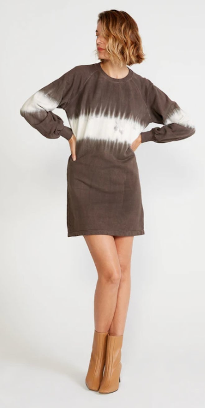 Image of an adult-size long-sleeve brown shirtdress with white horizontal center stripe.