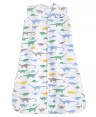 Flat lay of microfleece sleep sack with dinosaur print