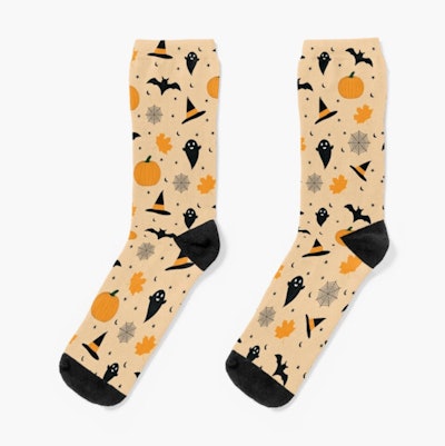 These patterned Halloween socks from Etsy feature witches hats and pumpkins.