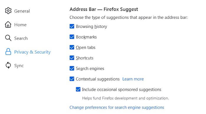 Managing Firefox Suggest settings 