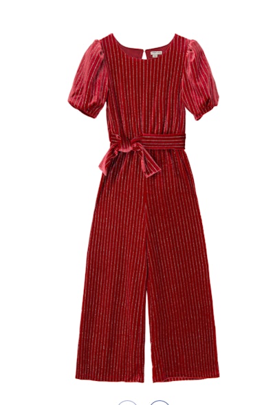 Image of an adult-size red velour short-sleeve jumpsuit.