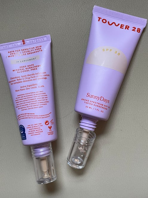 Two Tower 28 SunnyDays SPF 30 Tinted Sunscreen Foundations, one turned to the front and one to the b...