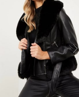 Faux Fur Trim Leather Jacket