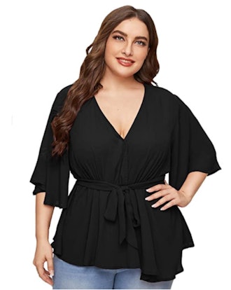 Romwe Plus Size Peplum Wrap Blouse