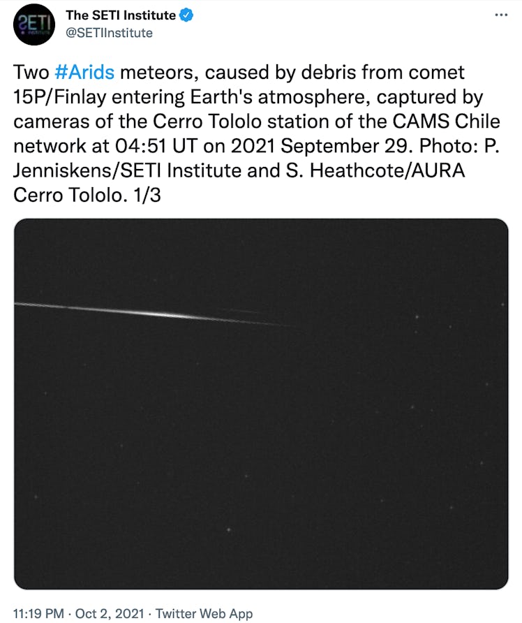 Two Arids meteors, as shared by SETI.