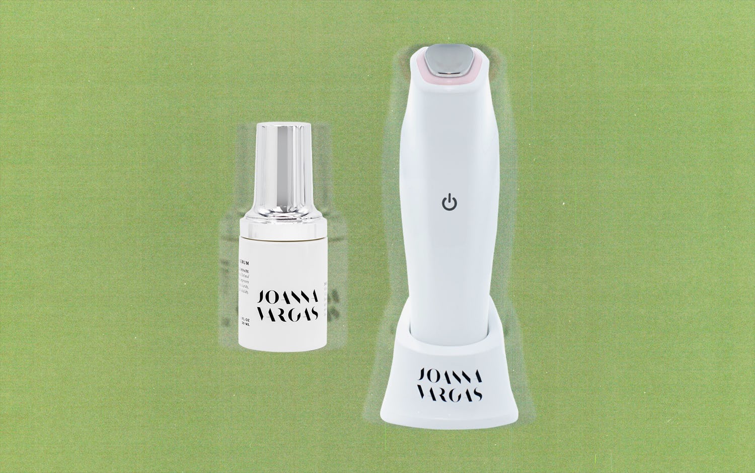 a bottle of Joana Vargas serum and an electronic skincare device