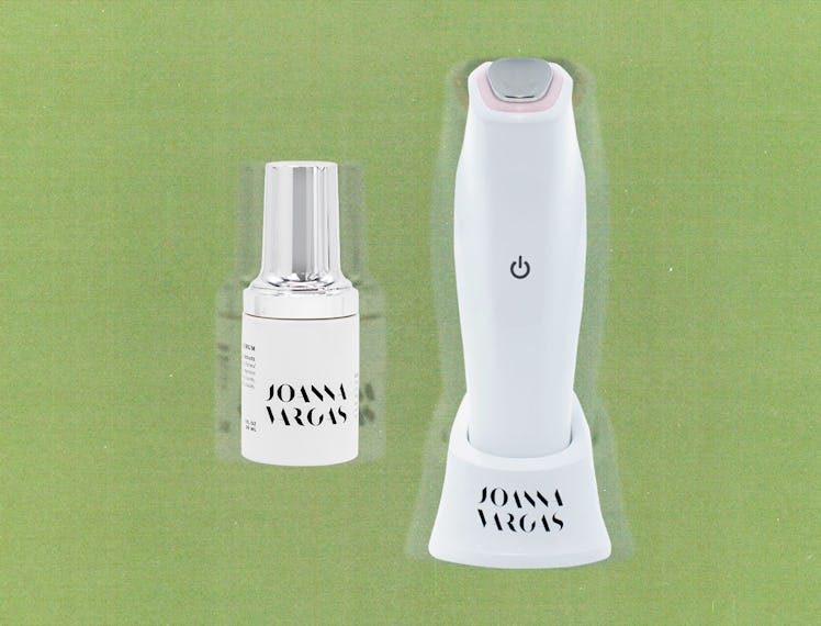 a bottle of Joana Vargas serum and an electronic skincare device