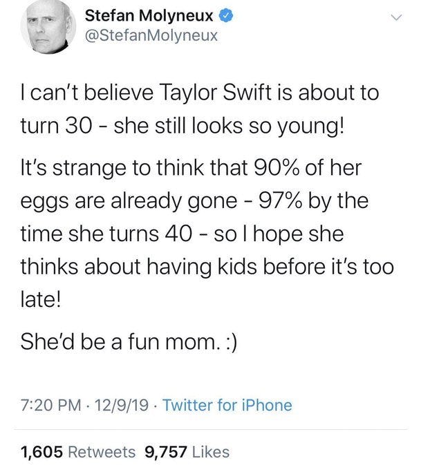Stefan Molyneux's bad tweet about Taylor Swift's fertility