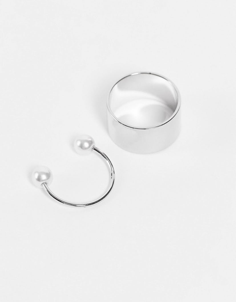 2 Pack Band and Faux Pearl Ring in Silver