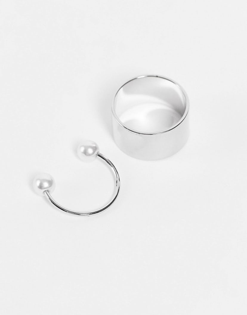 2 Pack Band and Faux Pearl Ring in Silver