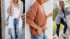 Three models in a grey cardigan, a light orange knit sweater and a scarf: all comfy clothing items u...