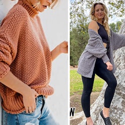 Three models in a grey cardigan, a light orange knit sweater and a scarf: all comfy clothing items u...