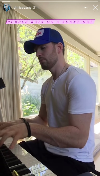 Actor Chris Evans plays "Purple Rain" on the piano in an Instagram story screenshot.