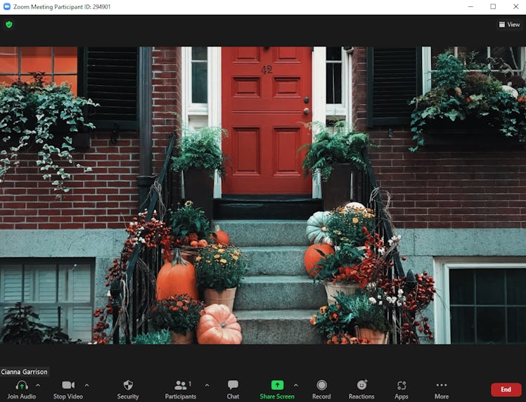 These fall Zoom backgrounds include a festive stoop with pumpkins.