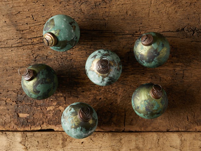 Set of 6 Green Distressed Ornaments