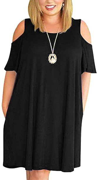 Kancystore Cold Shoulder Casual T-Shirt Swing Dress