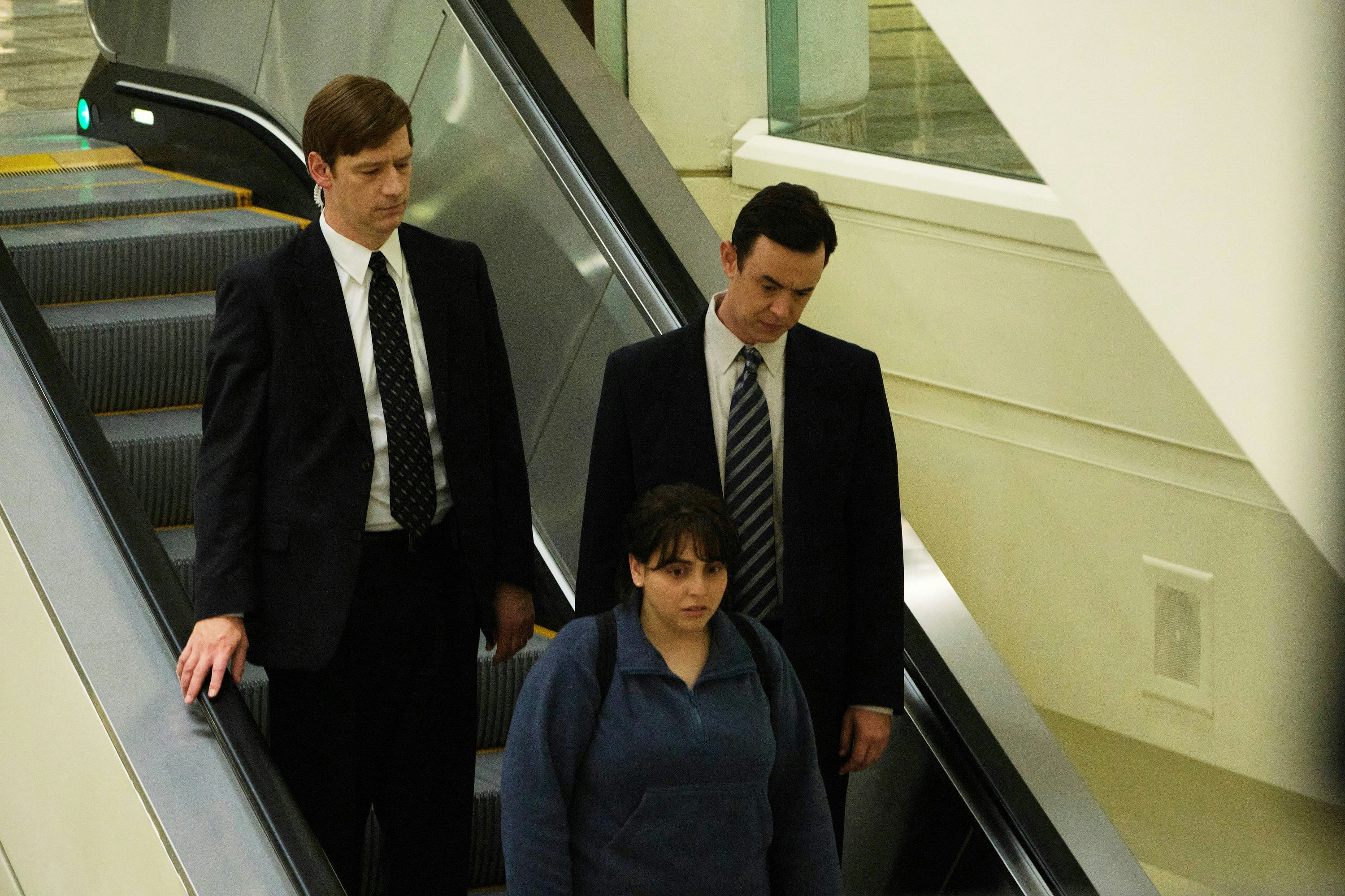 Brian Maillard as Agent Fallon, Beanie Feldstein as Monica Lewinsky, and Colin Hanks as Mike Emmick &hellip;