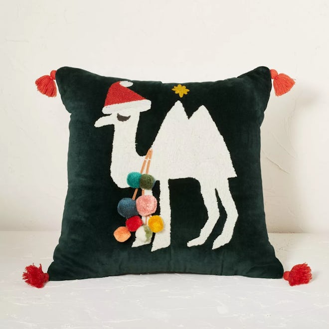 Embroidered Christmas Camel Square Throw Pillow Dark Green