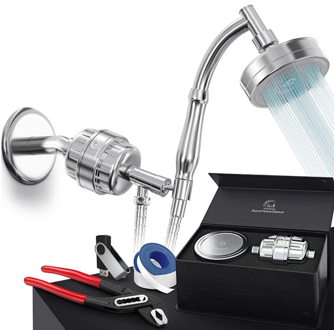 This handheld shower head has a 15-stage filter and a long 59-inch stainless steel hose for flexible…