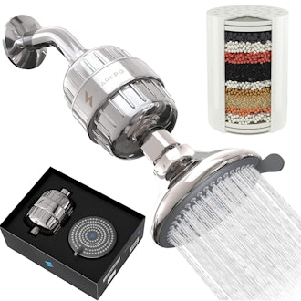 This fixed shower head has 15-stage filter to remove chlorine, heavy metals, and other contaminants.