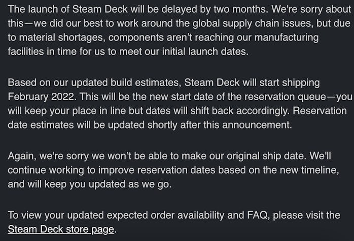 Steam Deck delay email screenshot