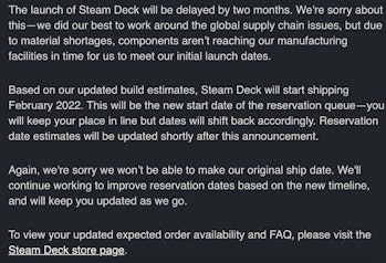 Steam Deck delay email screenshot