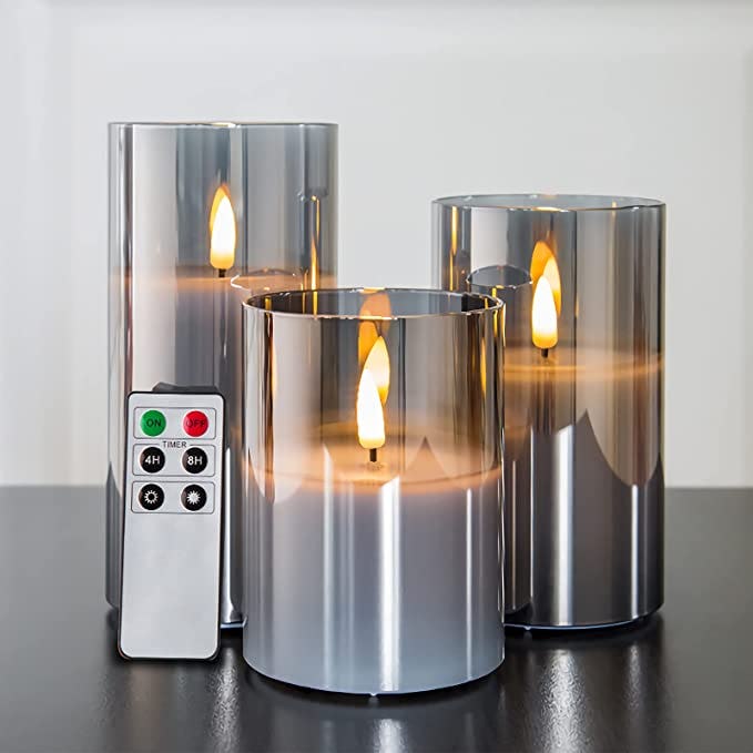 Eywamage Gray Glass Flameless Candles (Set of 3)