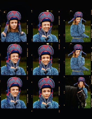 the actress carey mulligan wearing a big hat and gloves