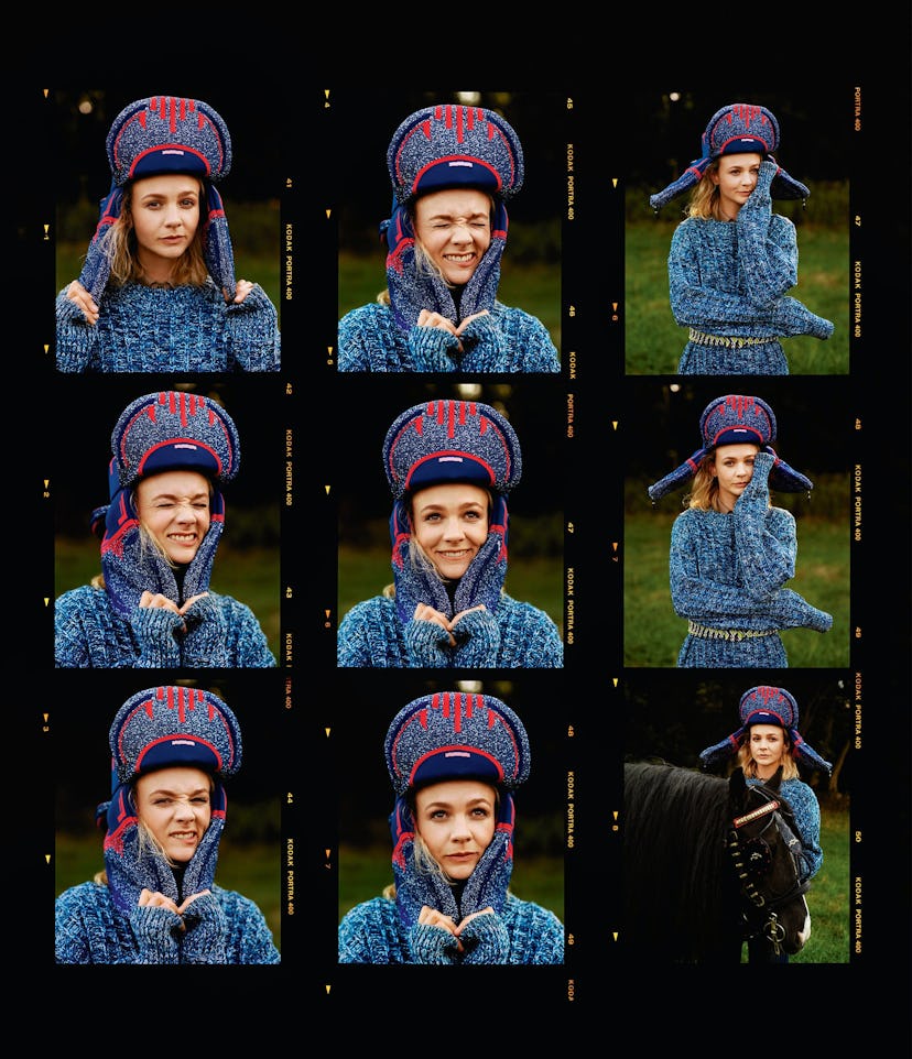 the actress carey mulligan wearing a big hat and gloves