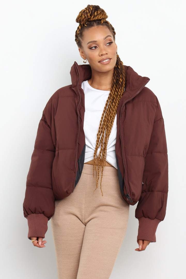 chocolate brown puffer jacket with hood