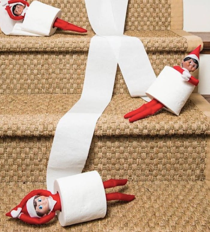 Elf on the Shelf figurines roll in toilet paper down stairs is a naughty elf on the shelf idea
