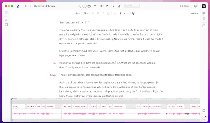 Descript's main editing window, with the transcript front and center, and the audio track at the bot...