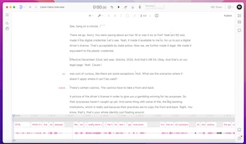Descript's main editing window, with the transcript front and center, and the audio track at the bot...
