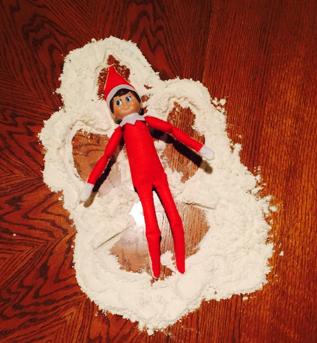 One easy Elf on the Shelf idea for toddlers is to make a snow angel out of flour.