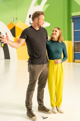 Kristen Bell and Dax Shepard stand in their diaper company Hello Bello's first factory in Waco, Texa...